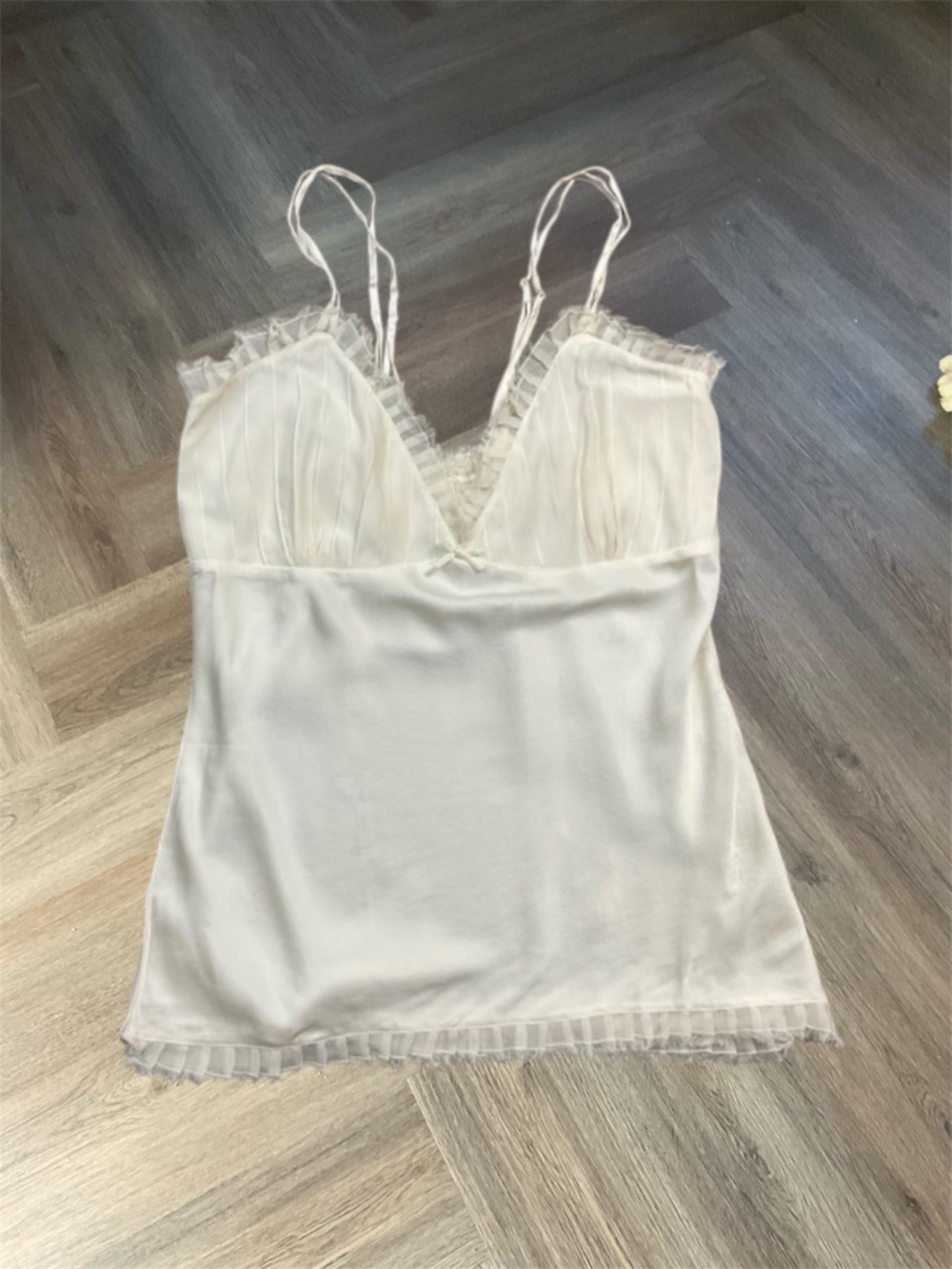 Kumi Kookoon Silk Lace Trim Coquette Ruffle Pleated Camisole Womens Large Ivory